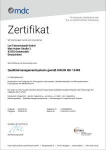 Zertifikat DIN EN ISO 13485 der LEX Feinmechanik GmbH, ausgestellt von mdc medical device certification