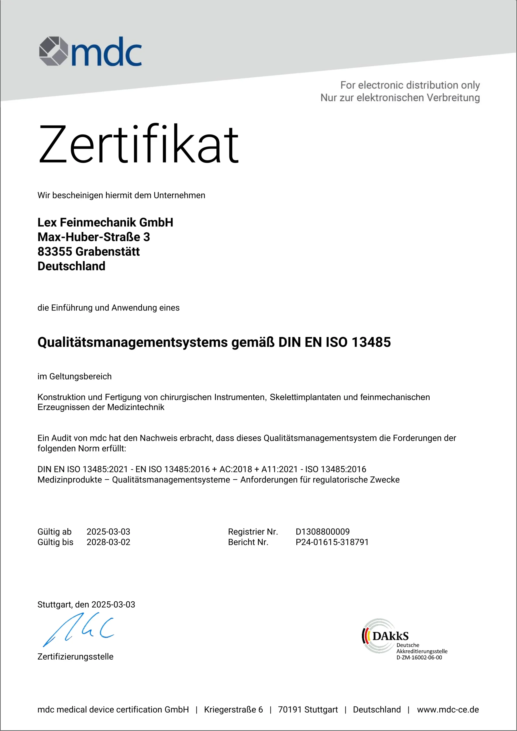 Zertifikat DIN EN ISO 13485 der LEX Feinmechanik GmbH
